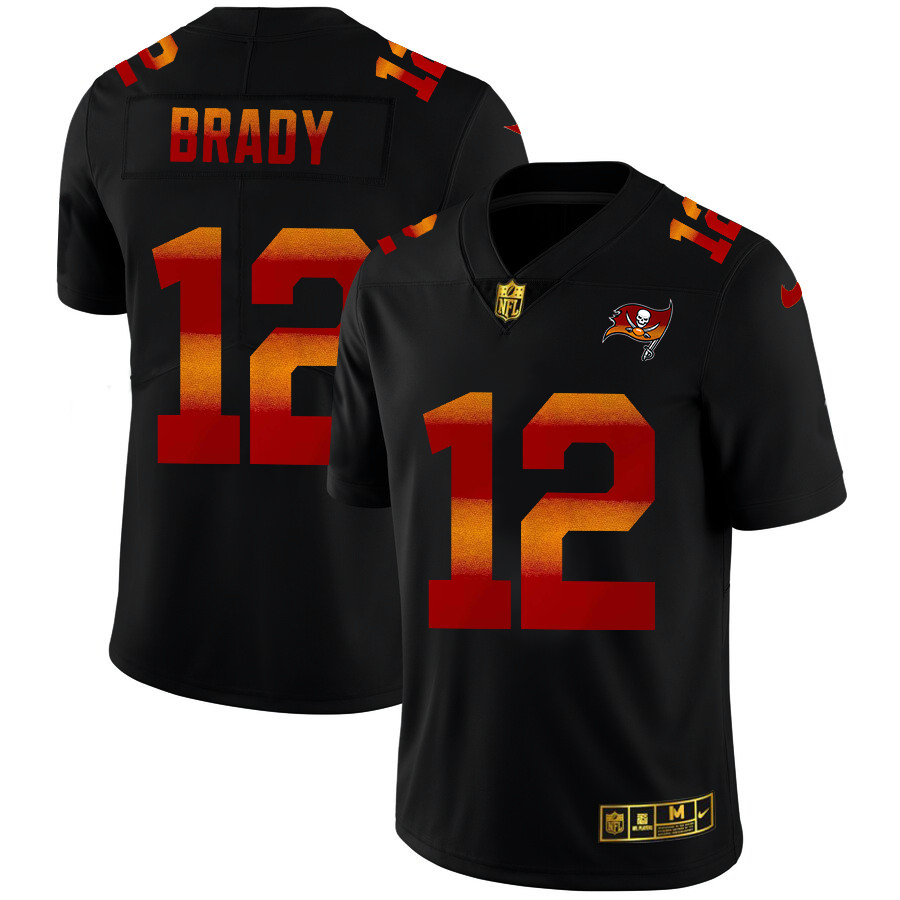 Personalized Tampa Bay Buccaneers #12 Tom Brady Men’s Black Red Orange Stripe Limited NFL Jersey