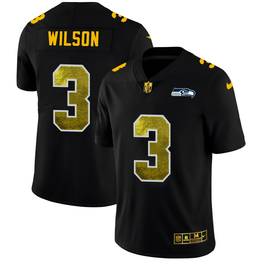 Personalized Seattle Seahawks #3 Russell Wilson Men’s Black Golden Sequin Limited NFL Jersey