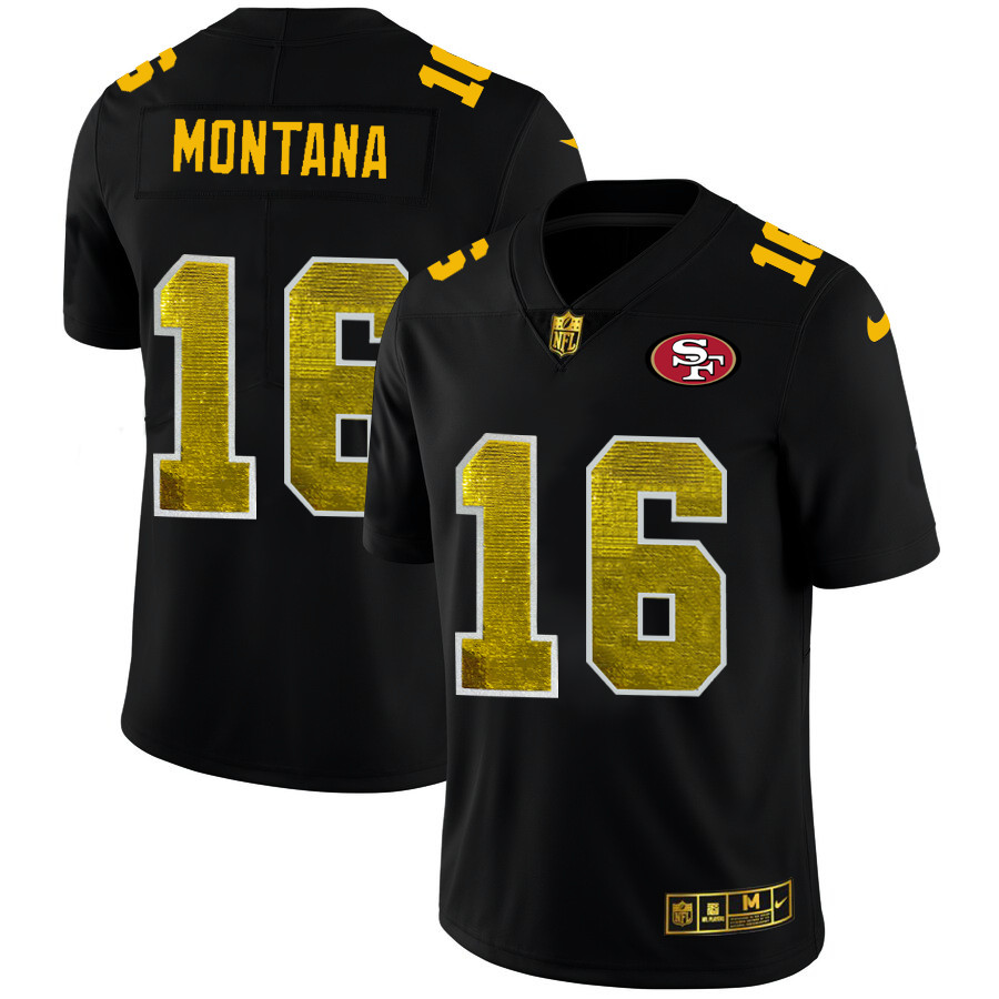 Personalized San Francisco 49ers #16 Joe Montana Men’s Black Golden Sequin Limited NFL Jersey