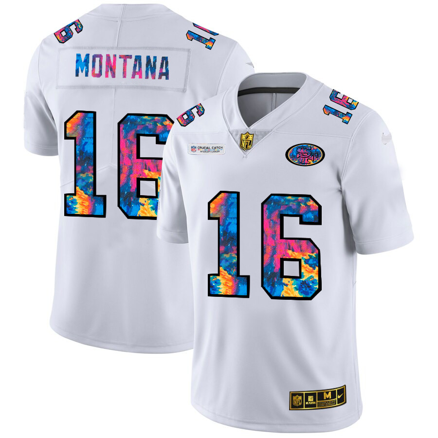 Personalized San Francisco 49ers #16 Joe Montana Men’s White Multi-Color 2020 NFL Crucial Catch Limited NFL Jersey