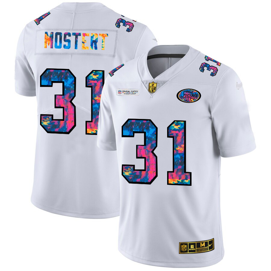 Personalized San Francisco 49ers #31 Raheem Mostert Men’s White Multi-Color 2020 NFL Crucial Catch Limited NFL Jersey