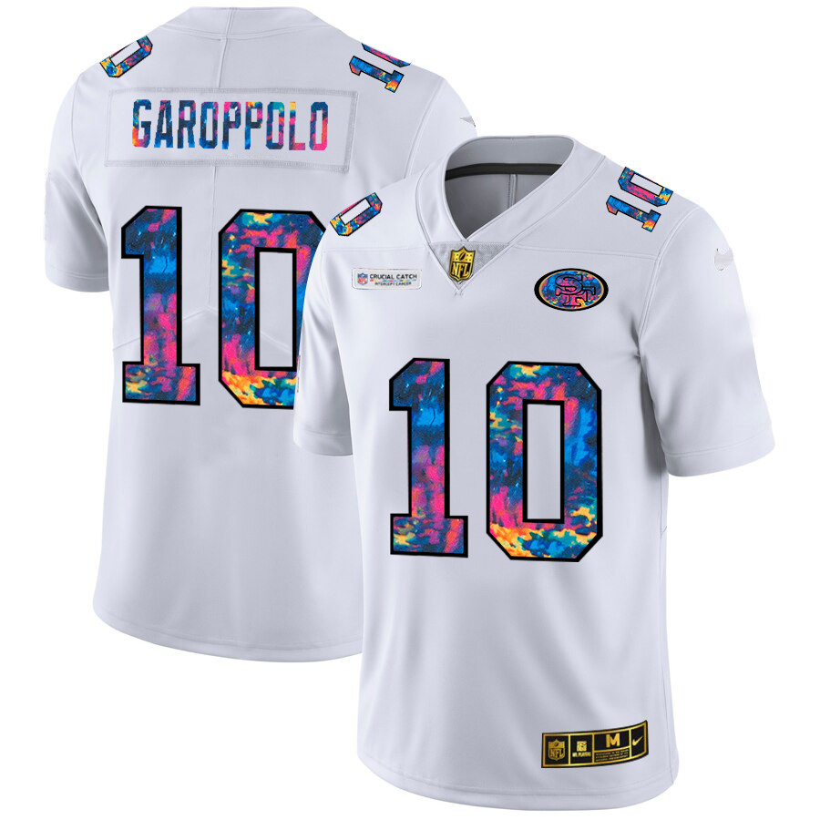 Personalized San Francisco 49ers #10 Jimmy Garoppolo Men’s White Multi-Color 2020 NFL Crucial Catch Limited NFL Jersey