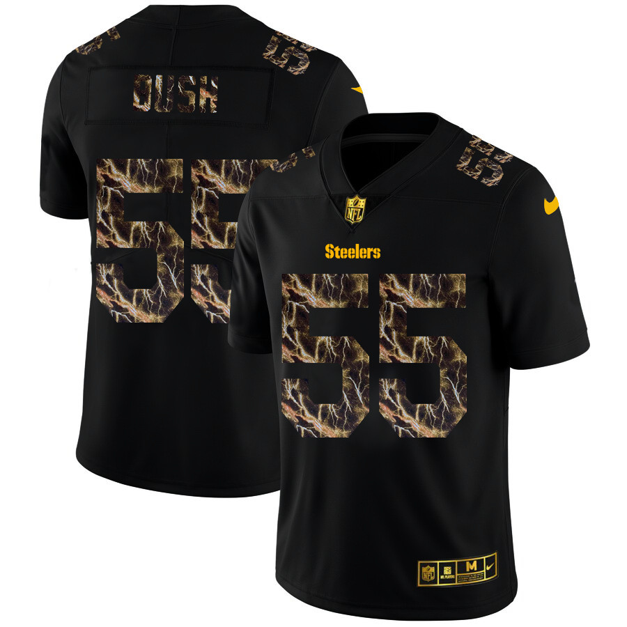 Personalized Pittsburgh Steelers #55 Devin Bush Men’s Black Flocked Lightning Limited NFL Jersey