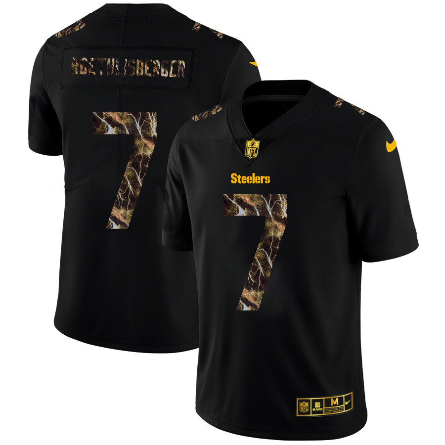 Personalized Pittsburgh Steelers #7 Ben Roethlisberger Men’s Black Flocked Lightning Limited NFL Jersey