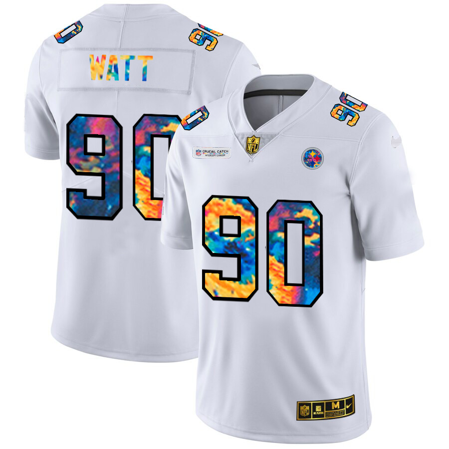 Personalized Pittsburgh Steelers #90 T.J. Watt Men’s White Multi-Color 2020 NFL Crucial Catch Limited NFL Jersey