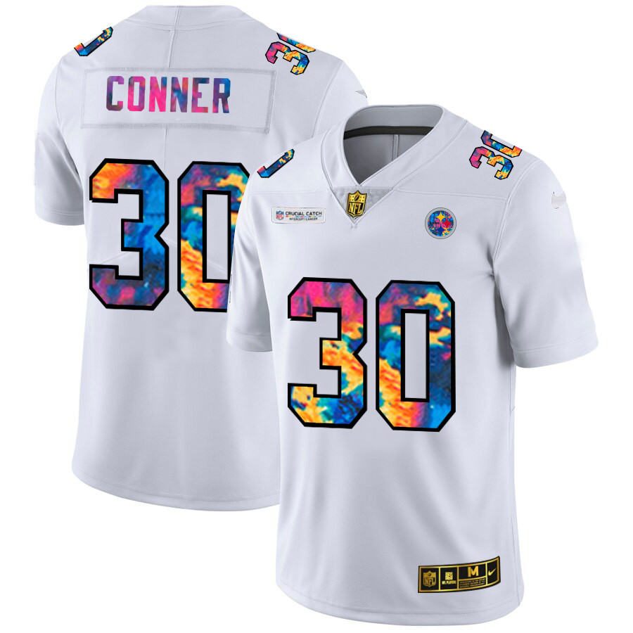 Personalized Pittsburgh Steelers #30 James Conner Men’s White Multi-Color 2020 NFL Crucial Catch Limited NFL Jersey