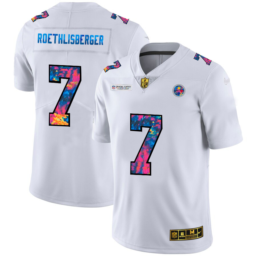 Personalized Pittsburgh Steelers #7 Ben Roethlisberger Men’s White Multi-Color 2020 NFL Crucial Catch Limited NFL Jersey