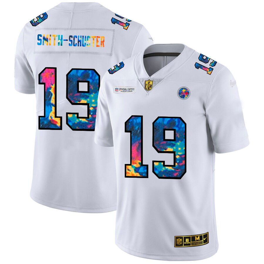Personalized Pittsburgh Steelers #19 JuJu Smith-Schuster Men’s White Multi-Color 2020 NFL Crucial Catch Limited NFL Jersey