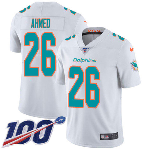 Personalized Dolphins #26 Salvon Ahmed White Men’s Stitched NFL 100th Season Untouchable Limited Jersey