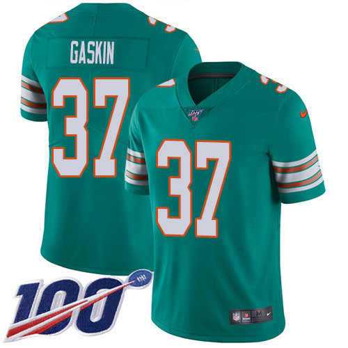 Personalized Dolphins #37 Myles Gaskin Aqua Green Alternate Men’s Stitched NFL 100th Season Untouchable Limited Jersey