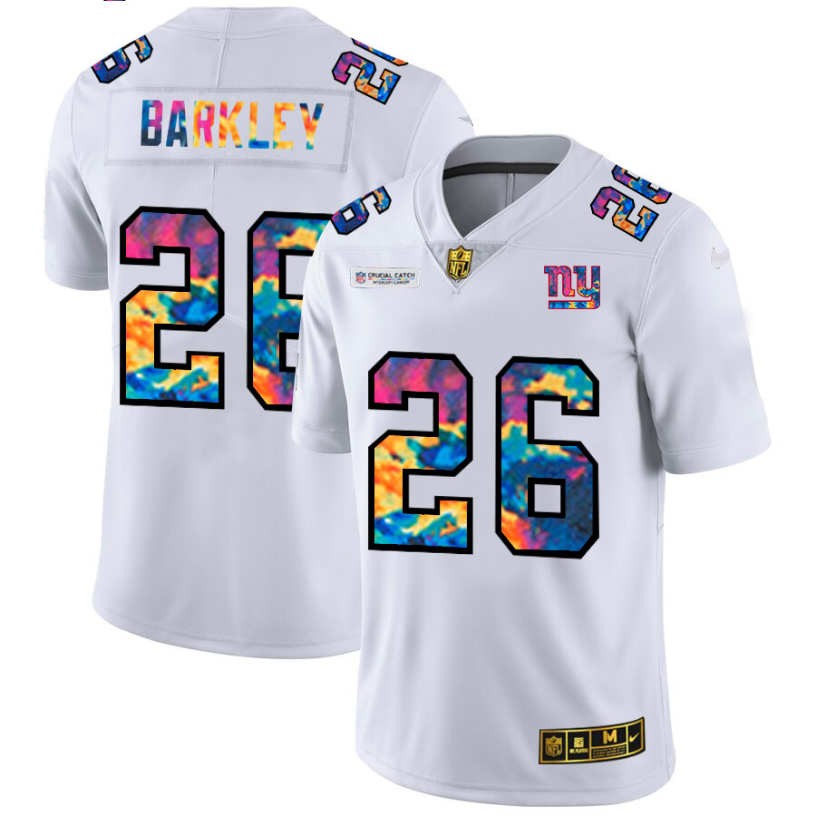 Personalized New York Giants #26 Saquon Barkley Men’s White Multi-Color 2020 NFL Crucial Catch Limited NFL Jersey