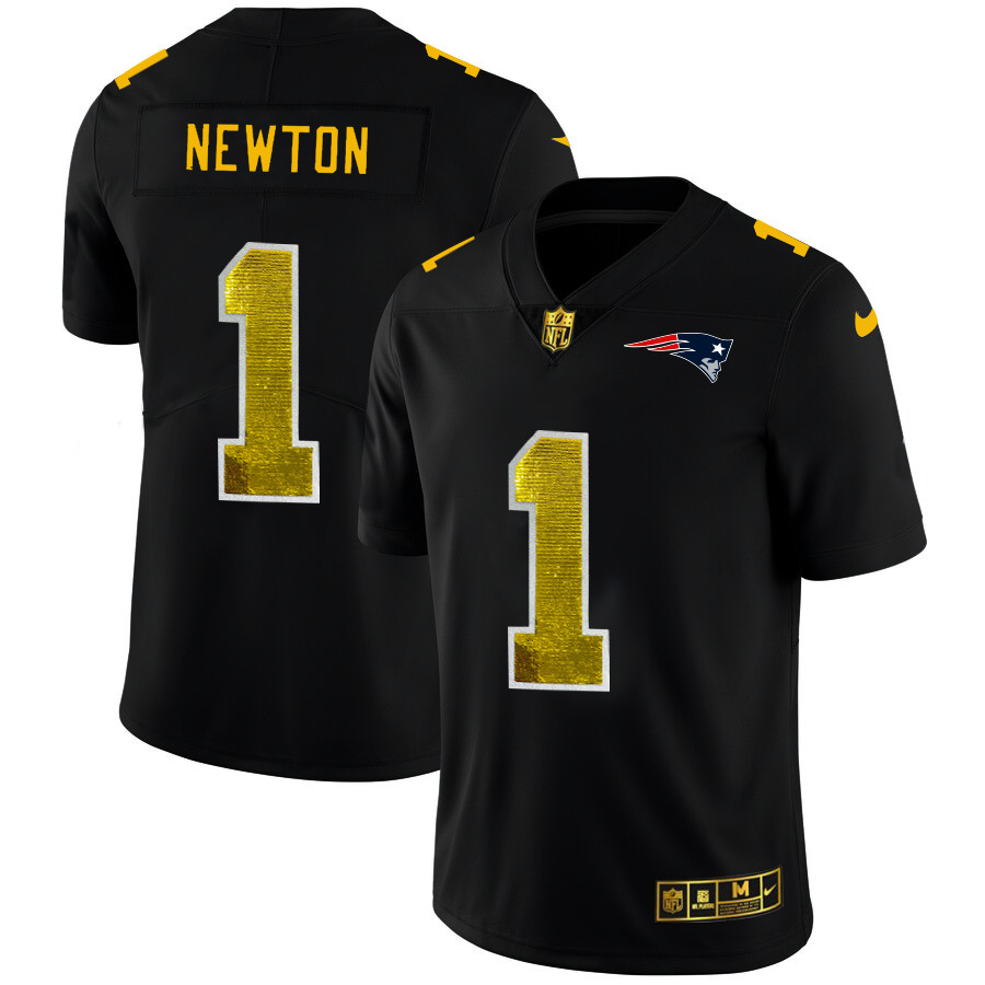 Personalized New England Patriots #1 Cam Newton Men’s Black Golden Sequin Limited NFL Jersey