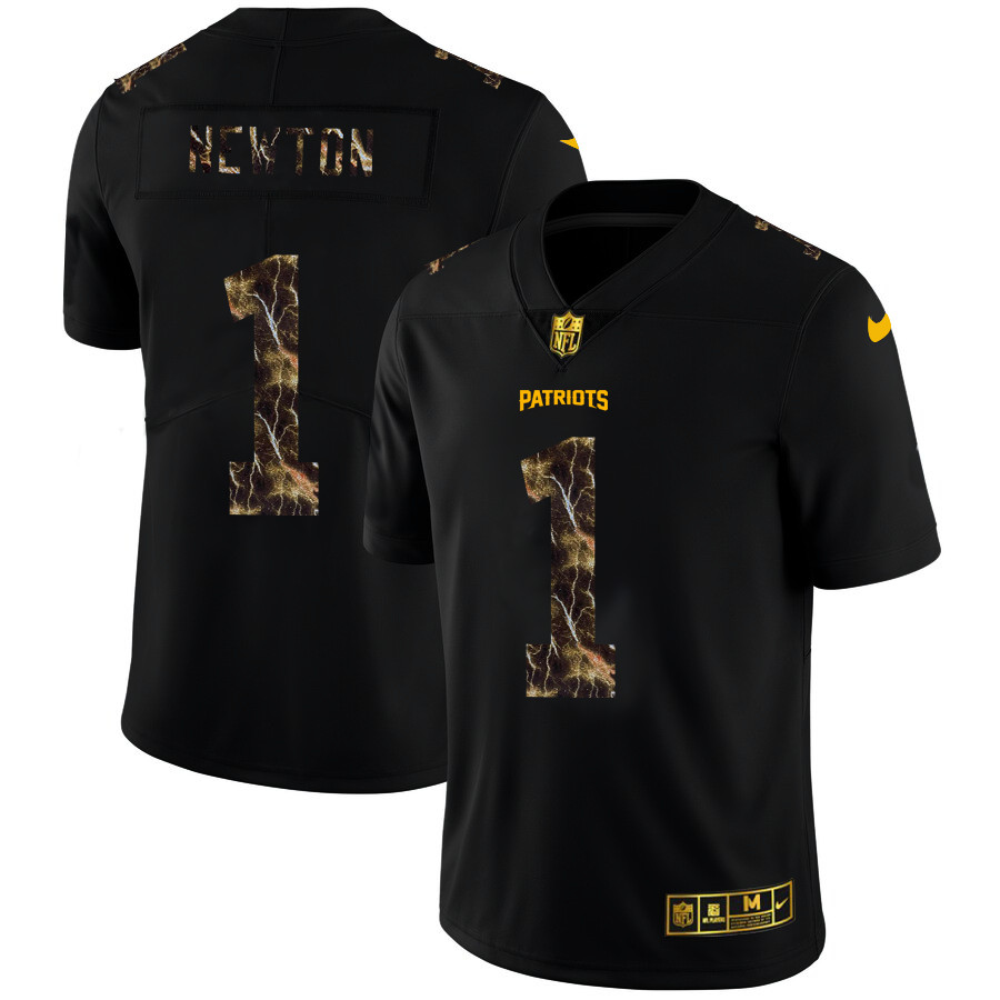 Personalized New England Patriots #1 Cam Newton Men’s Black Flocked Lightning Limited NFL Jersey