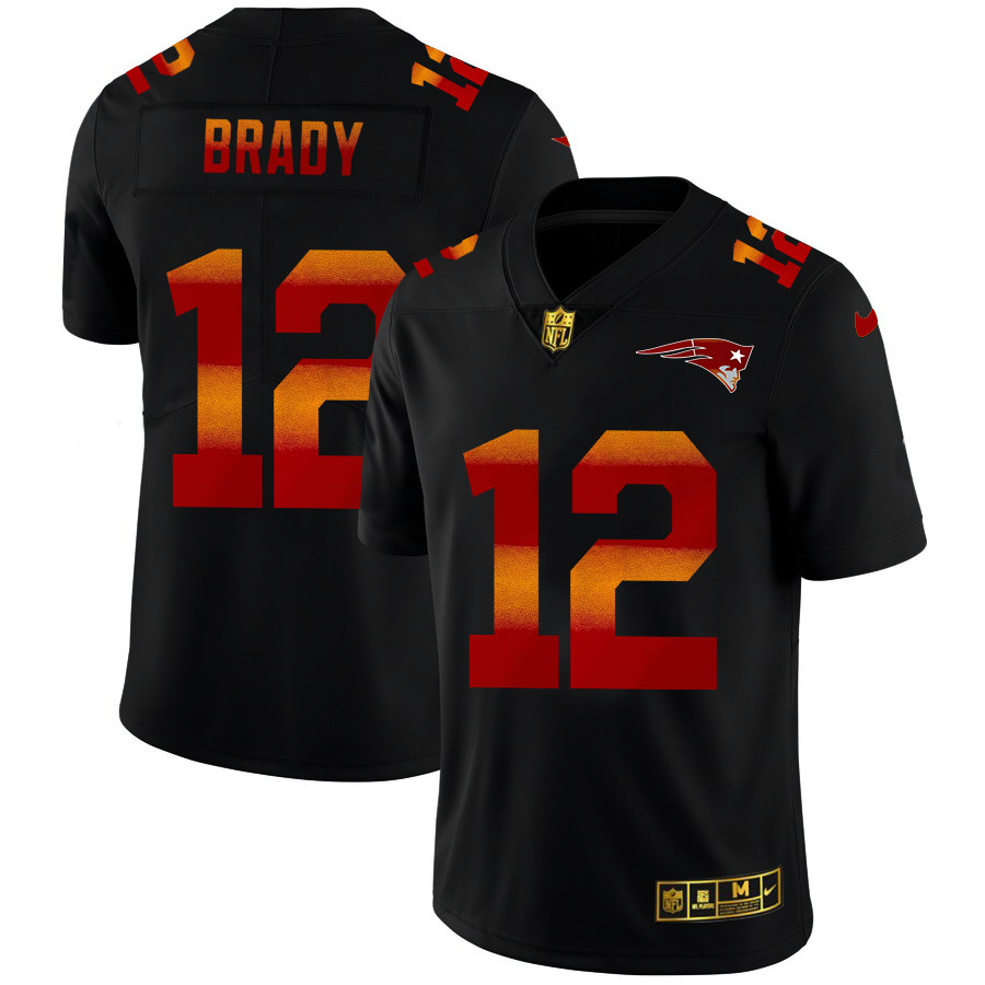 Personalized New England Patriots #12 Tom Brady Men’s Black Red Orange Stripe Limited NFL Jersey