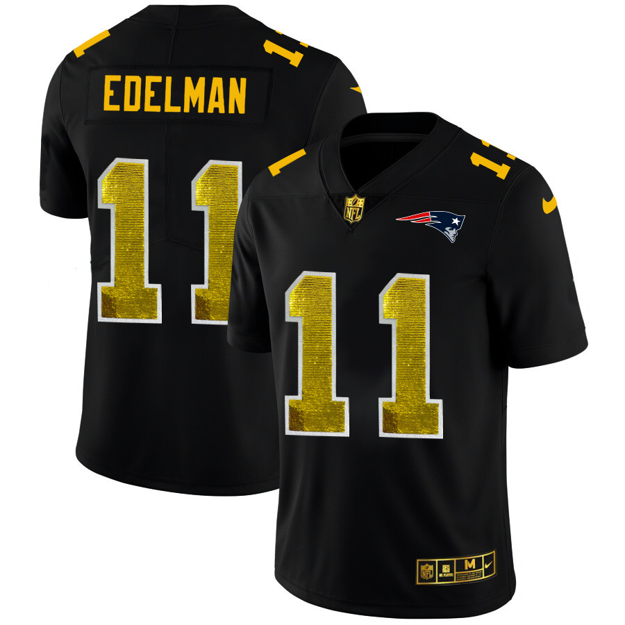 Personalized New England Patriots #11 Julian Edelman Men’s Black Golden Sequin Limited NFL Jersey