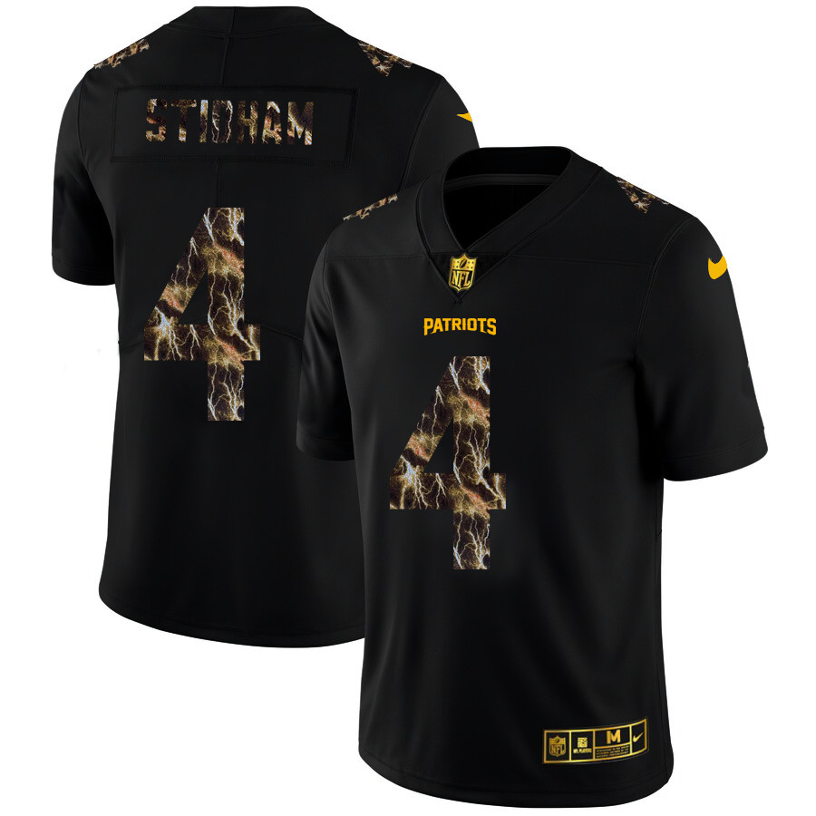 Personalized New England Patriots #4 Jarrett Stidham Men’s Black Flocked Lightning Limited NFL Jersey