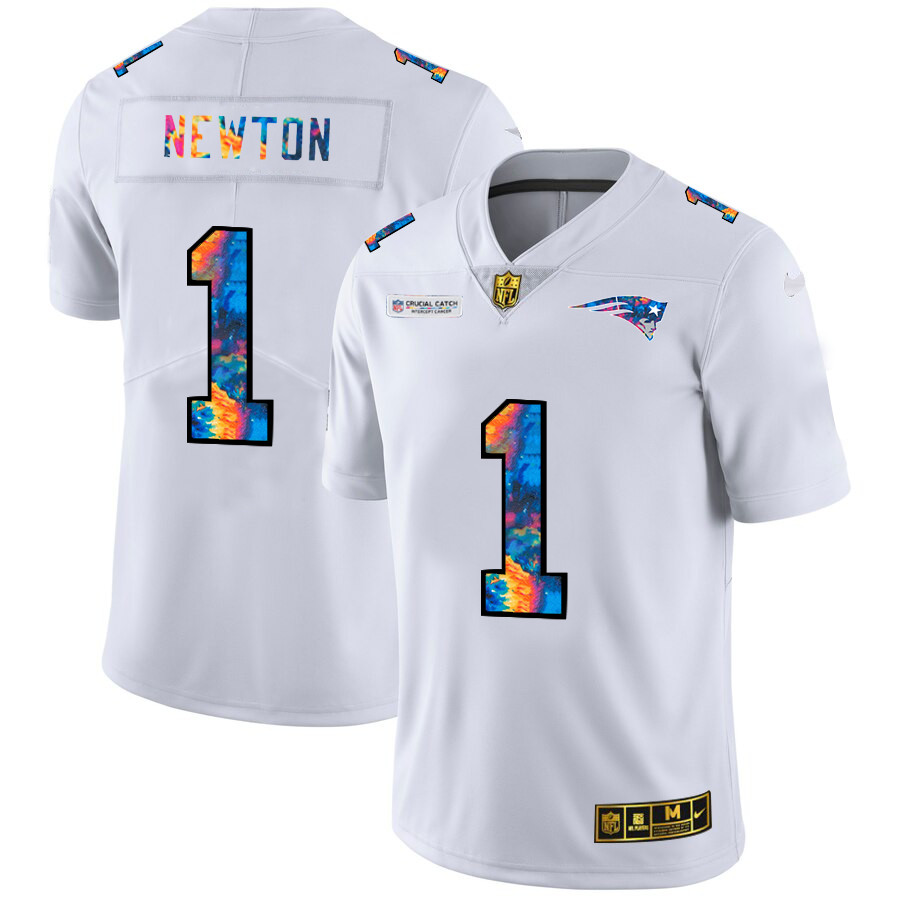Personalized New England Patriots #1 Cam Newton Men’s White Multi-Color 2020 NFL Crucial Catch Limited NFL Jersey