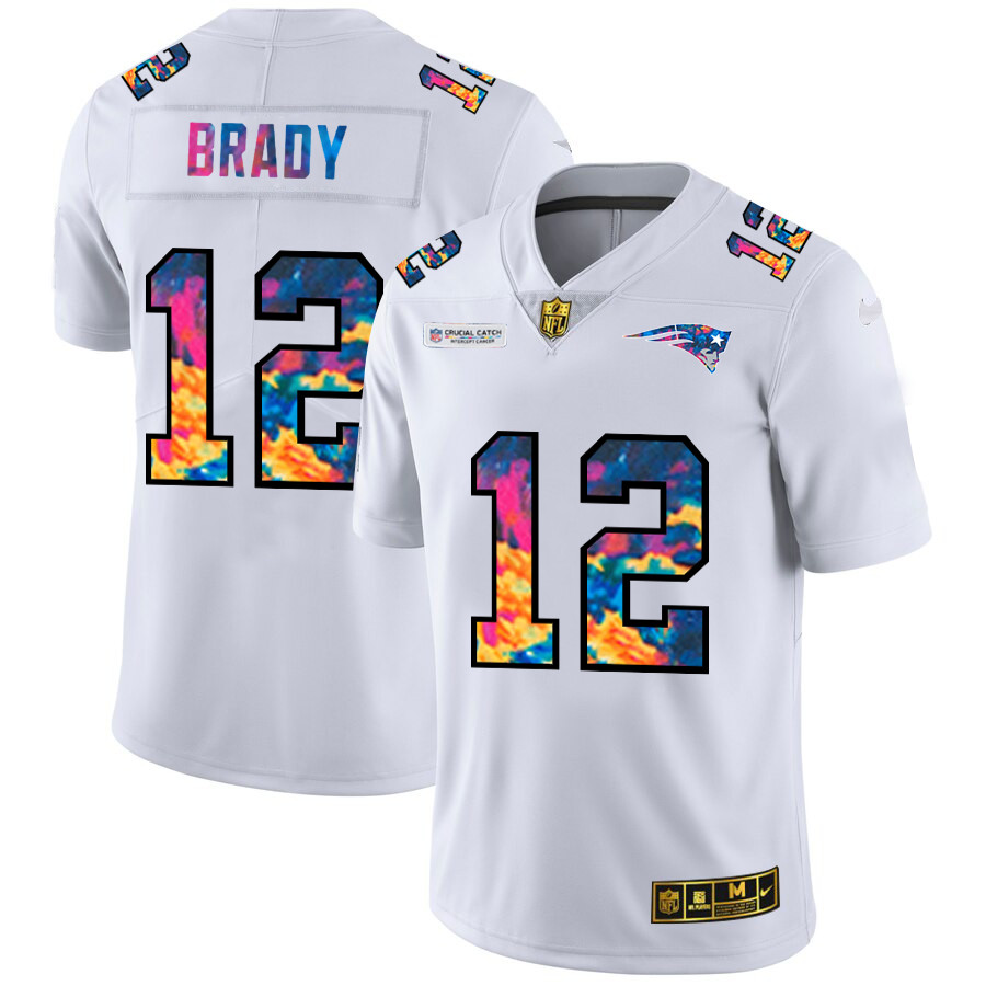 Personalized New England Patriots #12 Tom Brady Men’s White Multi-Color 2020 NFL Crucial Catch Limited NFL Jersey