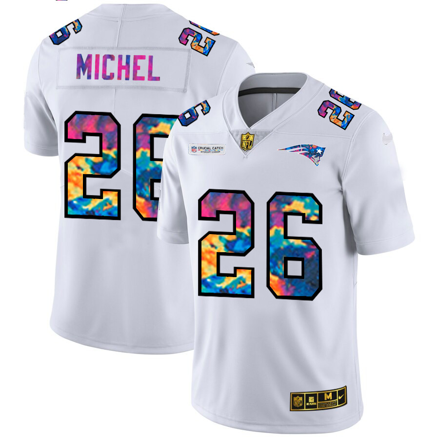 Personalized New England Patriots #26 Sony Michel Men’s White Multi-Color 2020 NFL Crucial Catch Limited NFL Jersey