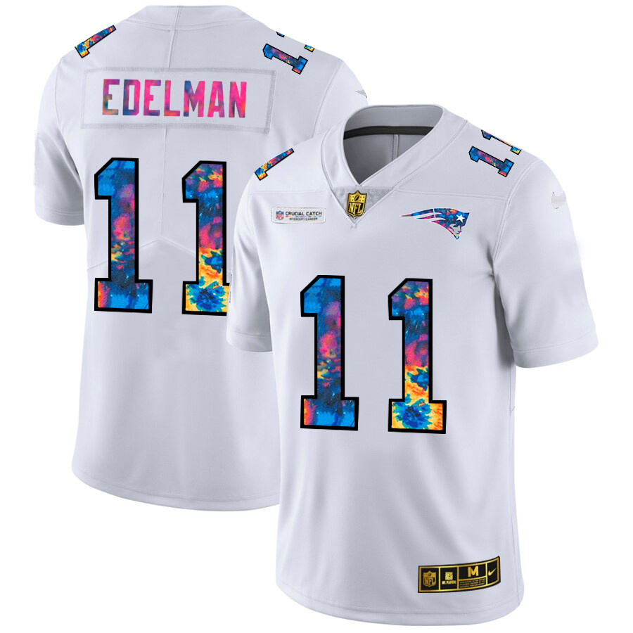 Personalized New England Patriots #11 Julian Edelman Men’s White Multi-Color 2020 NFL Crucial Catch Limited NFL Jersey