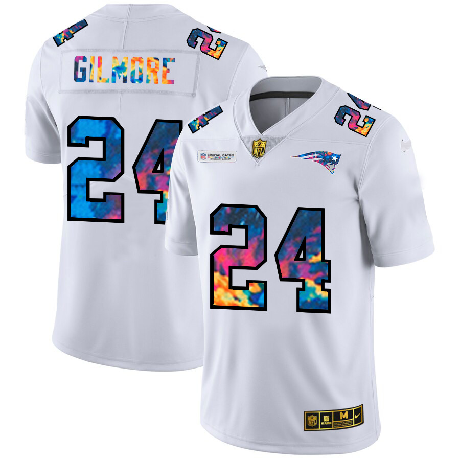 Personalized New England Patriots #24 Stephon Gilmore Men’s White Multi-Color 2020 NFL Crucial Catch Limited NFL Jersey