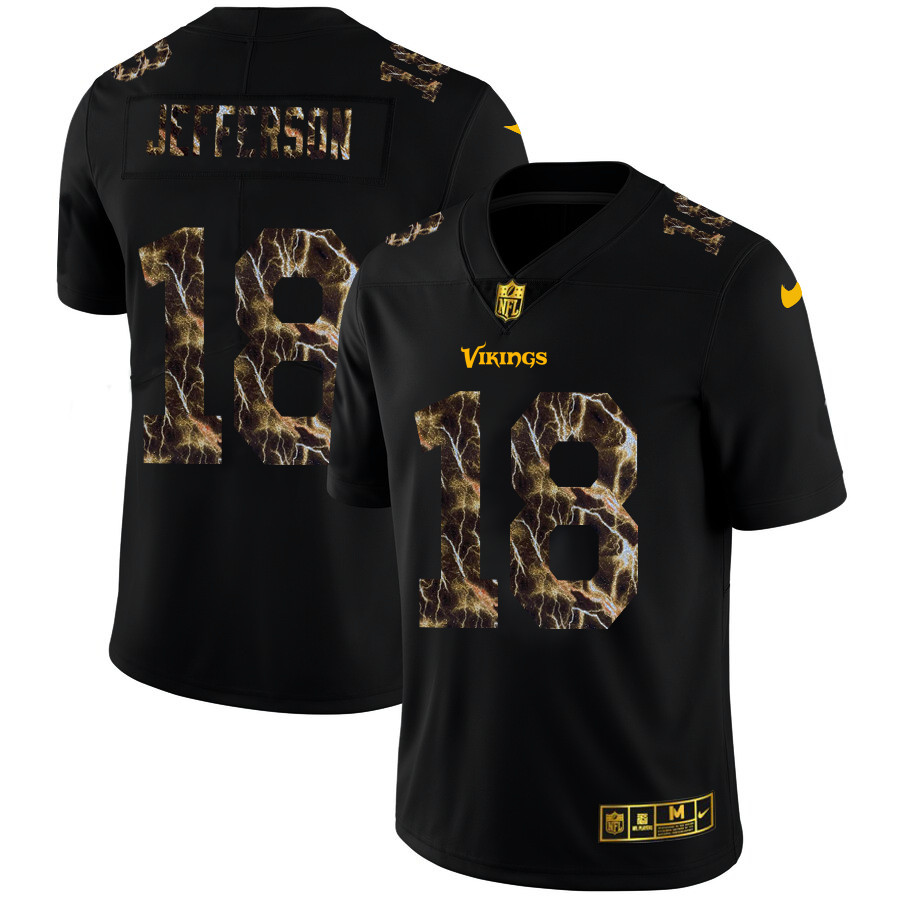 Personalized Minnesota Vikings #18 Justin Jefferson Men’s Black Flocked Lightning Limited NFL Jersey