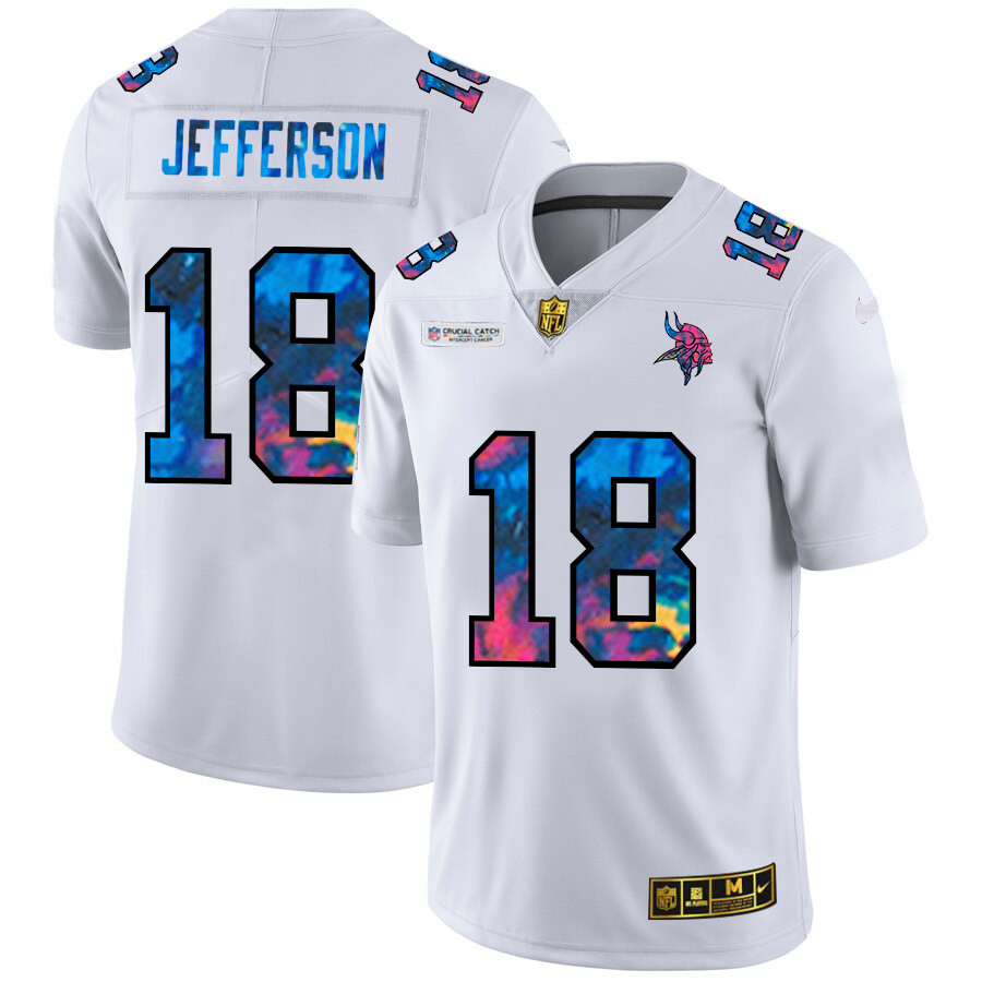 Personalized Minnesota Vikings #18 Justin Jefferson Men’s White Multi-Color 2020 NFL Crucial Catch Limited NFL Jersey
