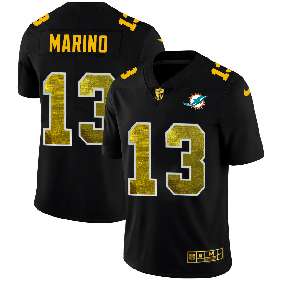 Personalized Miami Dolphins #13 Dan Marino Men’s Black Golden Sequin Limited NFL Jersey