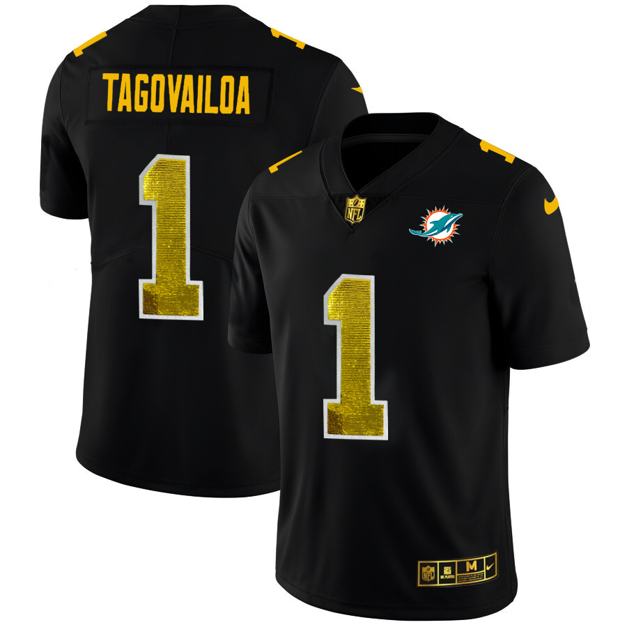 Personalized Miami Dolphins #1 Tua Tagovailoa Men’s Black Golden Sequin Limited NFL Jersey