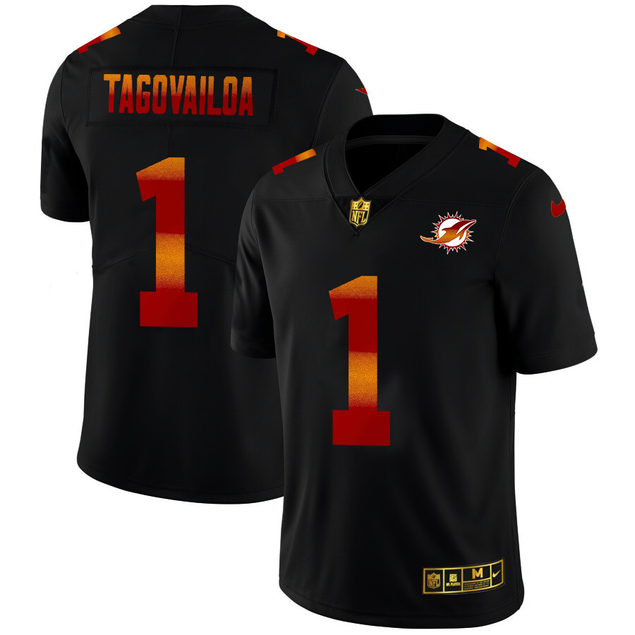Personalized Miami Dolphins #1 Tua Tagovailoa Men’s Black Red Orange Stripe Limited NFL Jersey