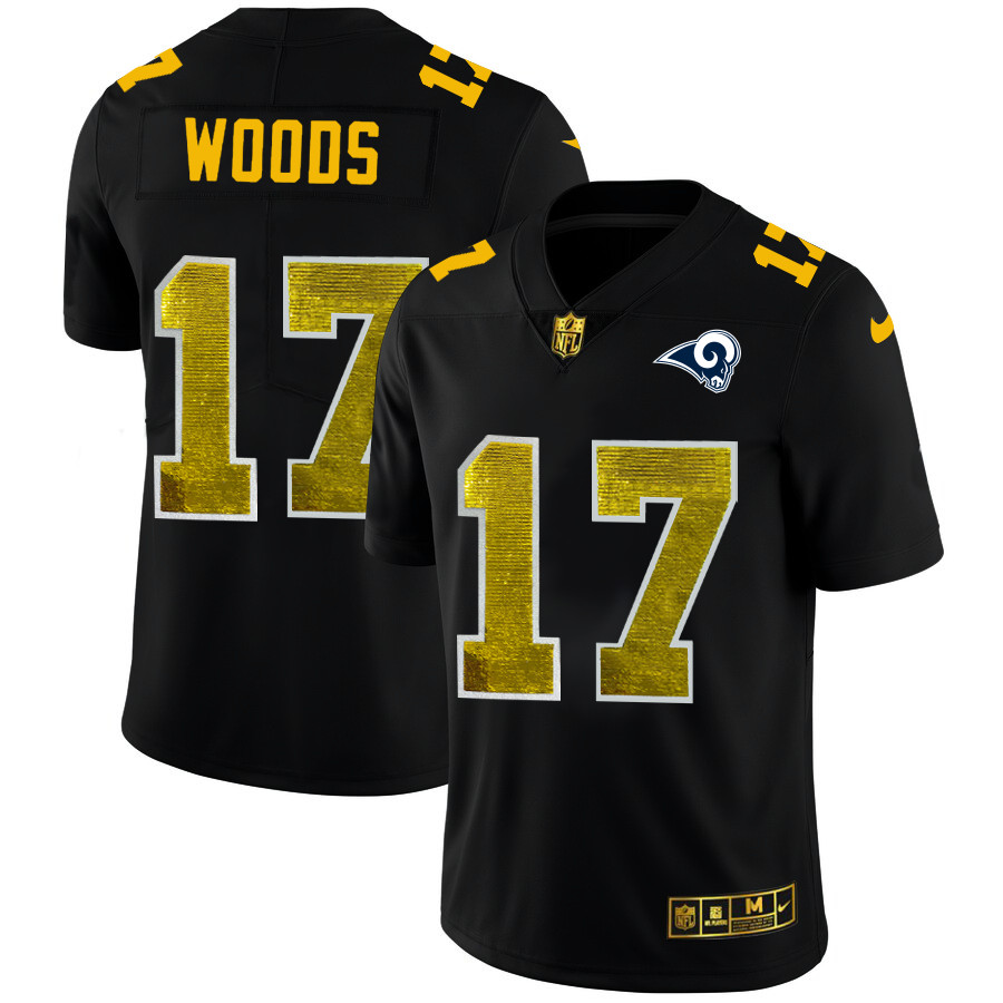Personalized Los Angeles Rams #17 Robert Woods Men’s Black Golden Sequin Limited NFL Jersey
