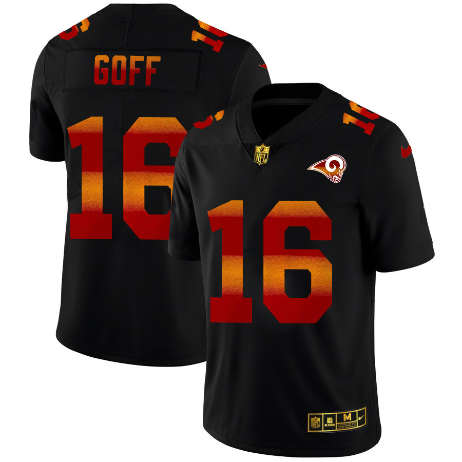 Personalized Los Angeles Rams #16 Jared Goff Men’s Black Red Orange Stripe Limited NFL Jersey