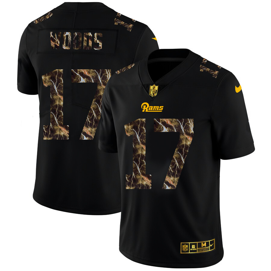 Personalized Los Angeles Rams #17 Robert Woods Men’s Black Flocked Lightning Limited NFL Jersey