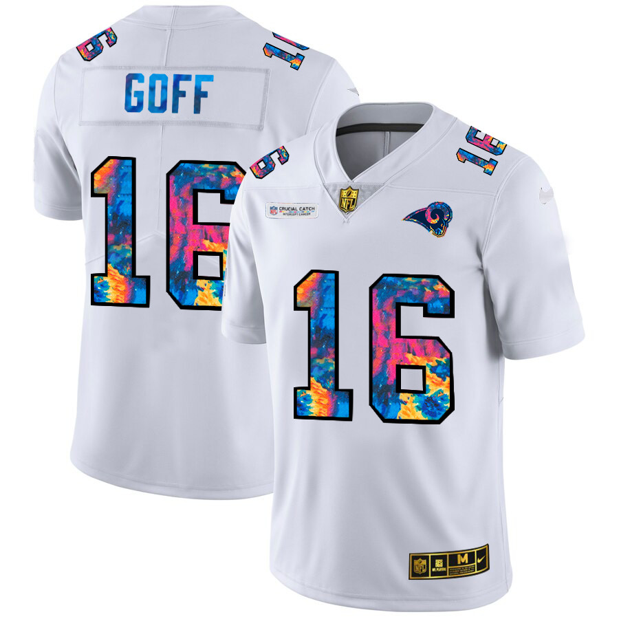 Personalized Los Angeles Rams #16 Jared Goff Men’s White Multi-Color 2020 NFL Crucial Catch Limited NFL Jersey