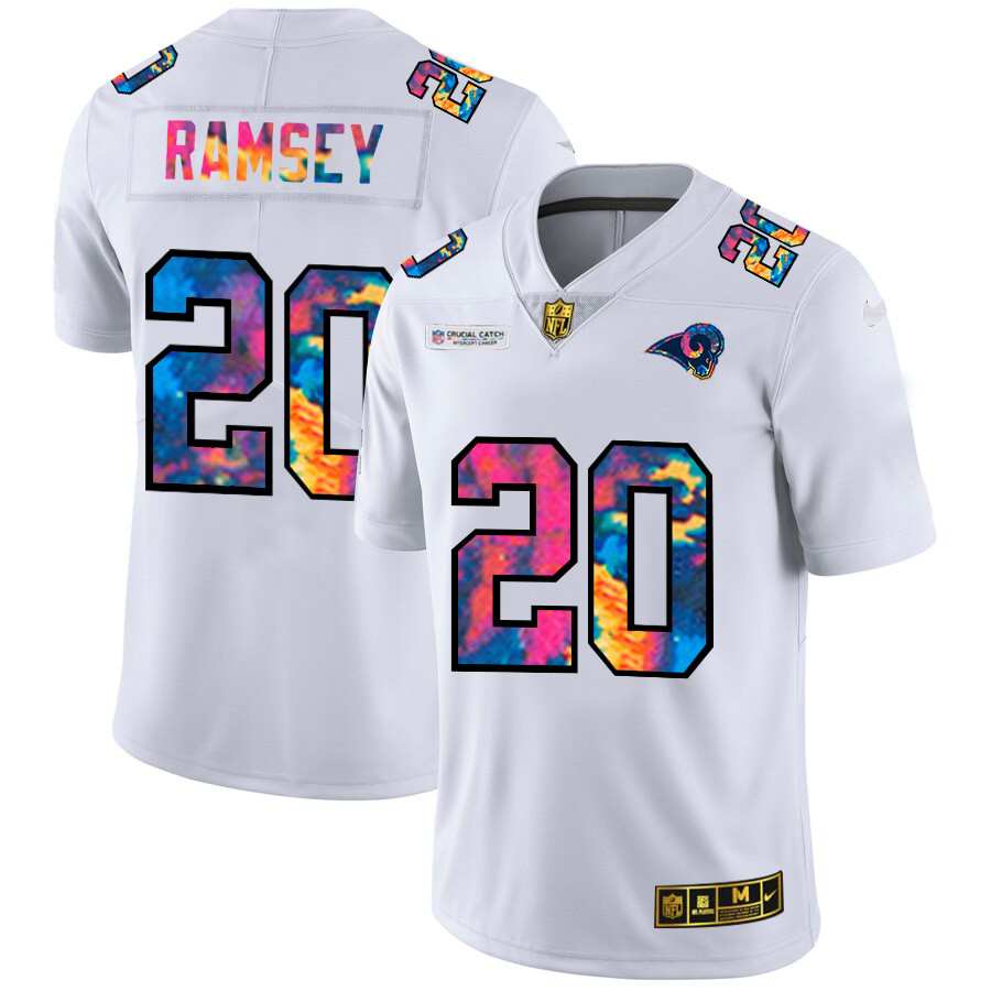 Personalized Los Angeles Rams #20 Jalen Ramsey Men’s White Multi-Color 2020 NFL Crucial Catch Limited NFL Jersey