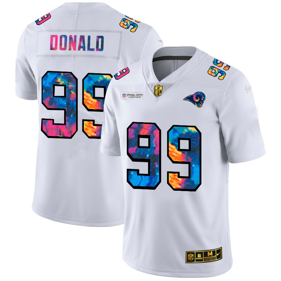 Personalized Los Angeles Rams #99 Aaron Donald Men’s White Multi-Color 2020 NFL Crucial Catch Limited NFL Jersey