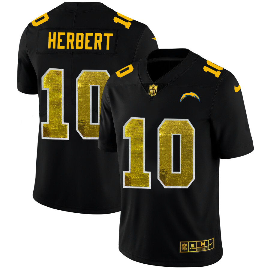 Personalized Los Angeles Chargers #10 Justin Herbert Men’s Black Golden Sequin Limited NFL Jersey