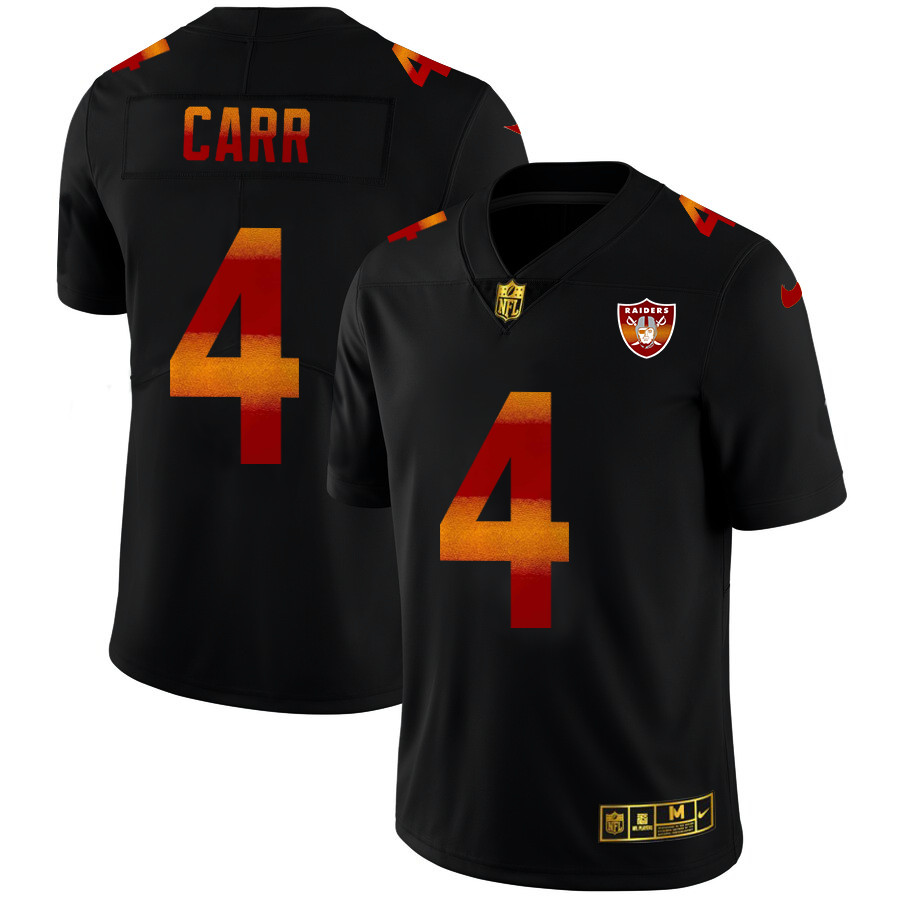 Personalized Las Vegas Raiders #4 Derek Carr Men’s Black Red Orange Stripe Limited NFL Jersey