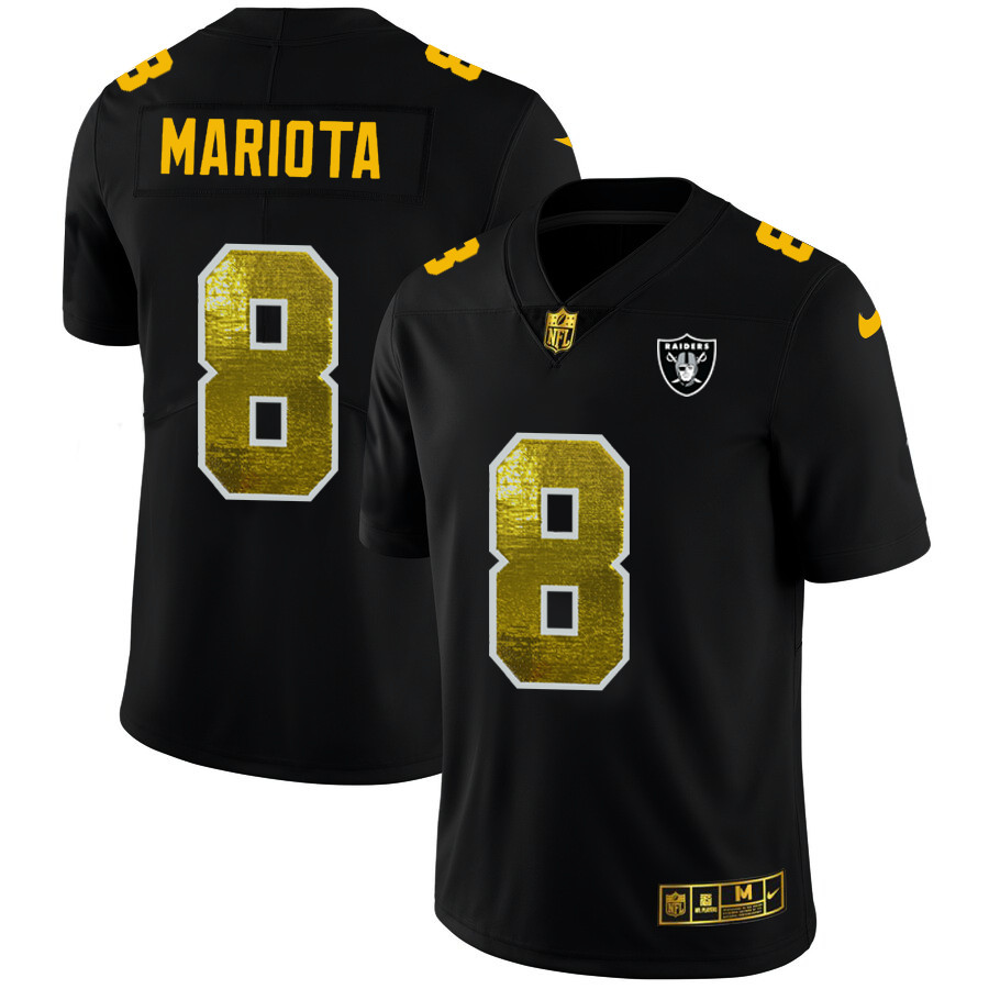 Personalized Las Vegas Raiders #8 Marcus Mariota Men’s Black Golden Sequin Limited NFL Jersey