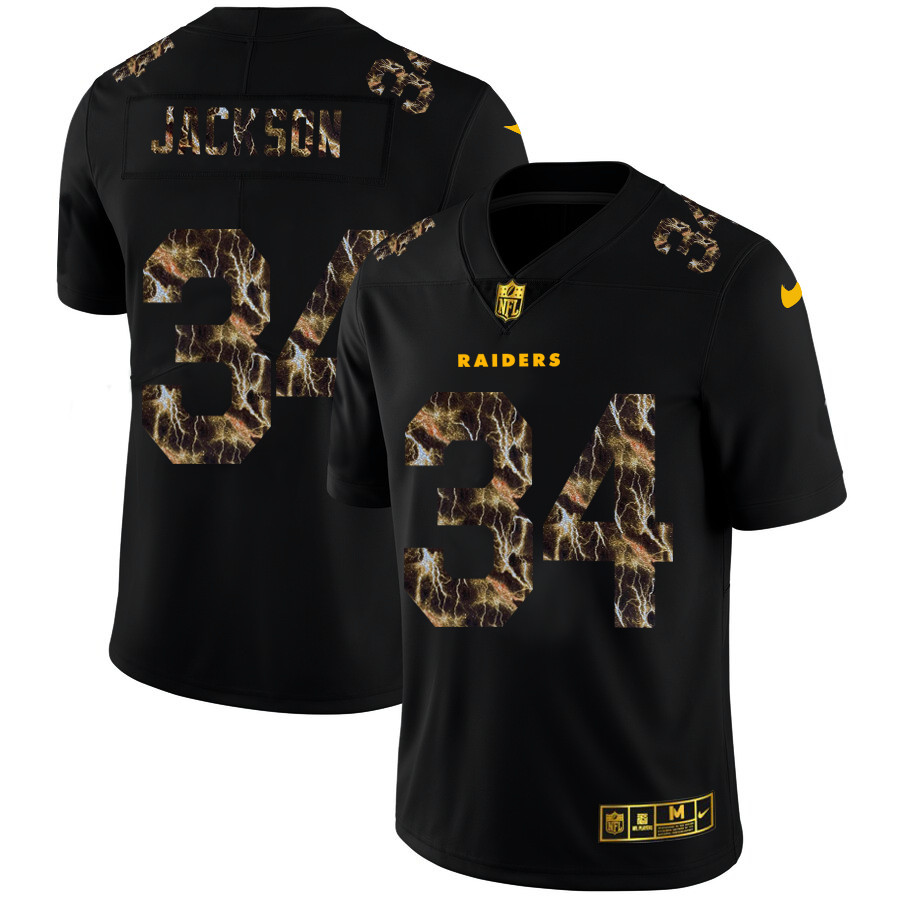 Personalized Las Vegas Raiders #34 Bo Jackson Men’s Black Flocked Lightning Limited NFL Jersey