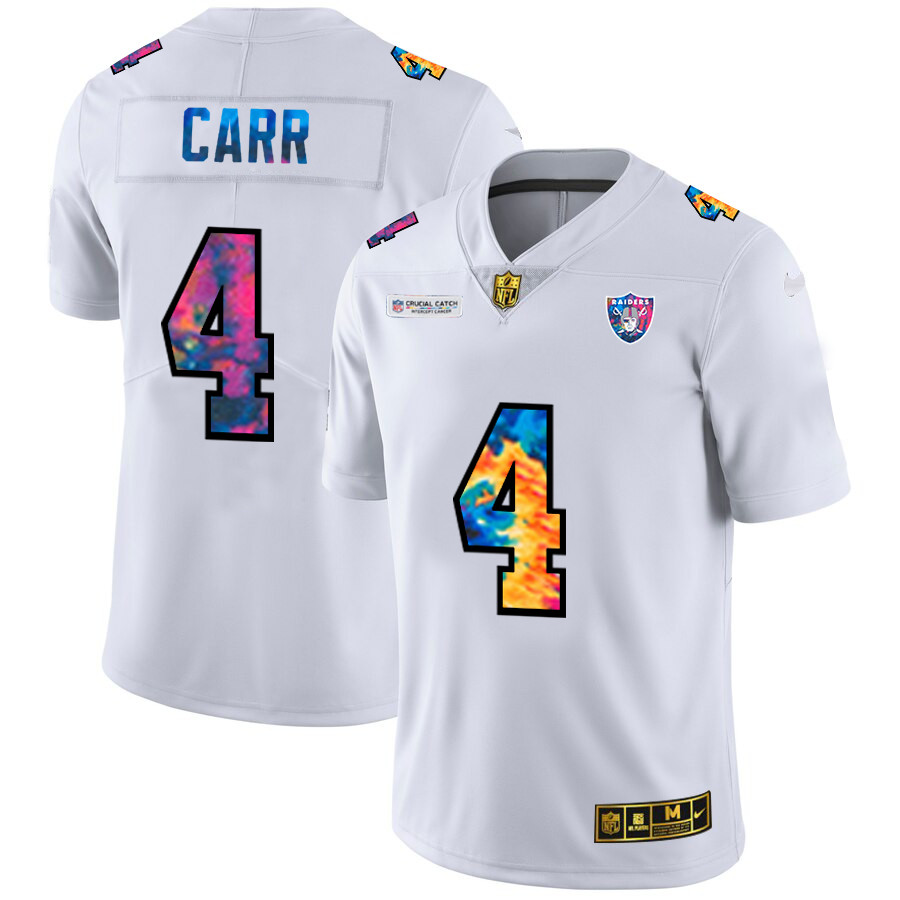 Personalized Las Vegas Raiders #4 Derek Carr Men’s White Multi-Color 2020 NFL Crucial Catch Limited NFL Jersey
