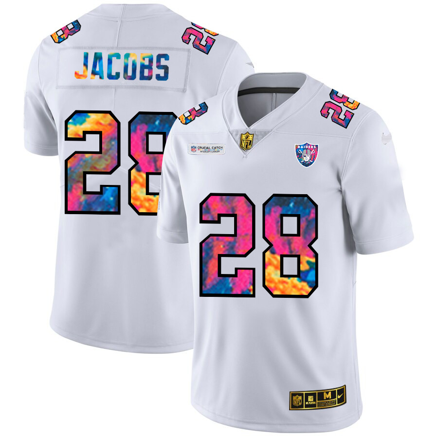 Personalized Las Vegas Raiders #28 Josh Jacobs Men’s White Multi-Color 2020 NFL Crucial Catch Limited NFL Jersey