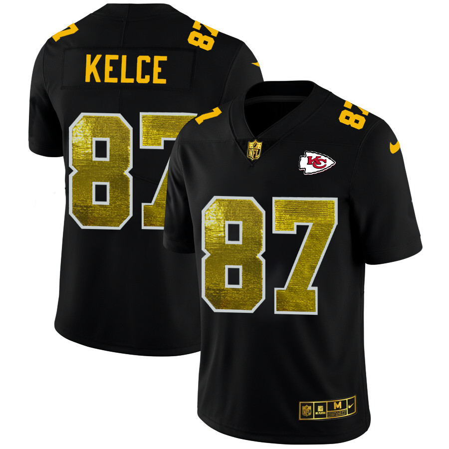 Personalized Kansas City Chiefs #87 Travis Kelce Men’s Black Golden Sequin Limited NFL Jersey