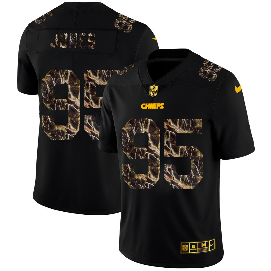 Personalized Kansas City Chiefs #95 Chris Jones Men’s Black Flocked Lightning Limited NFL Jersey