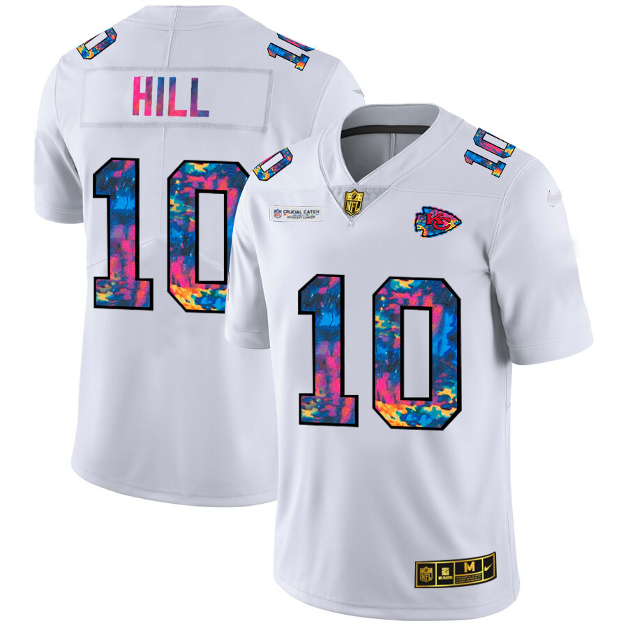 Personalized Kansas City Chiefs #10 Tyreek Hill Men’s White Multi-Color 2020 NFL Crucial Catch Limited NFL Jersey