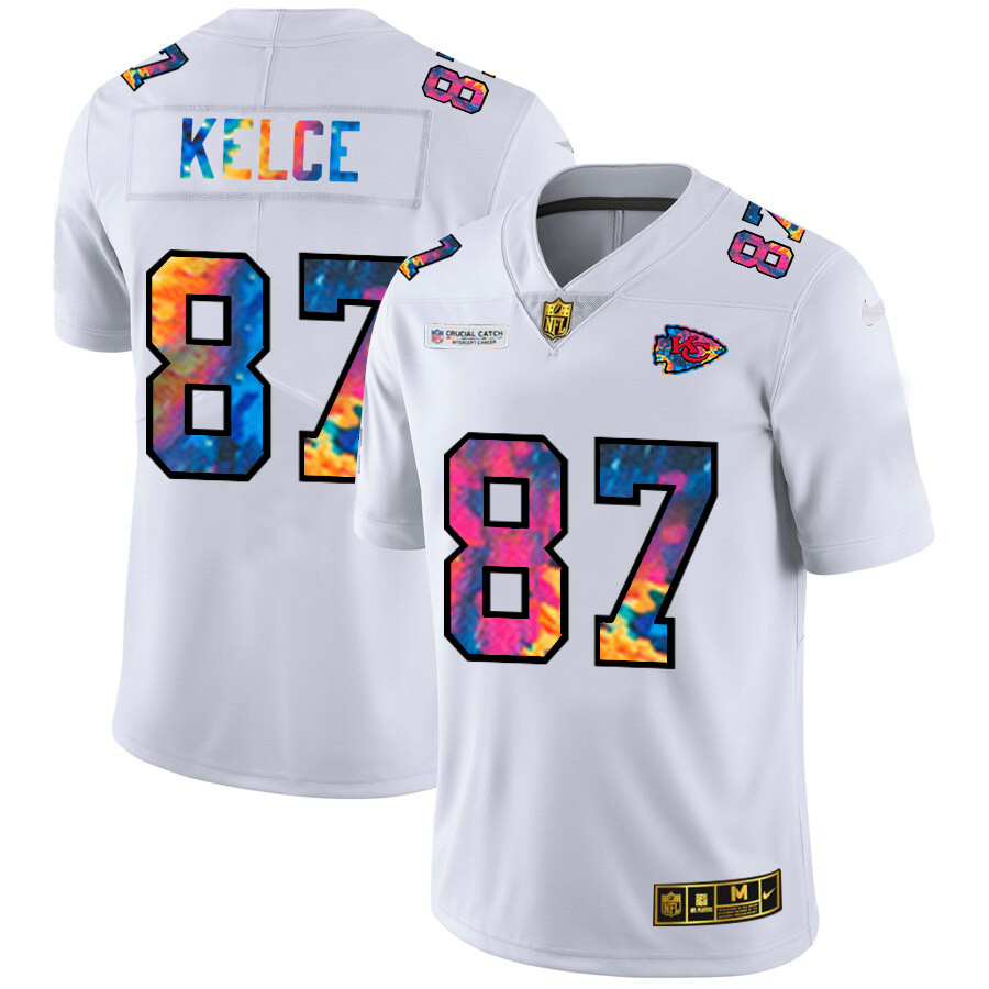 Personalized Kansas City Chiefs #87 Travis Kelce Men’s White Multi-Color 2020 NFL Crucial Catch Limited NFL Jersey