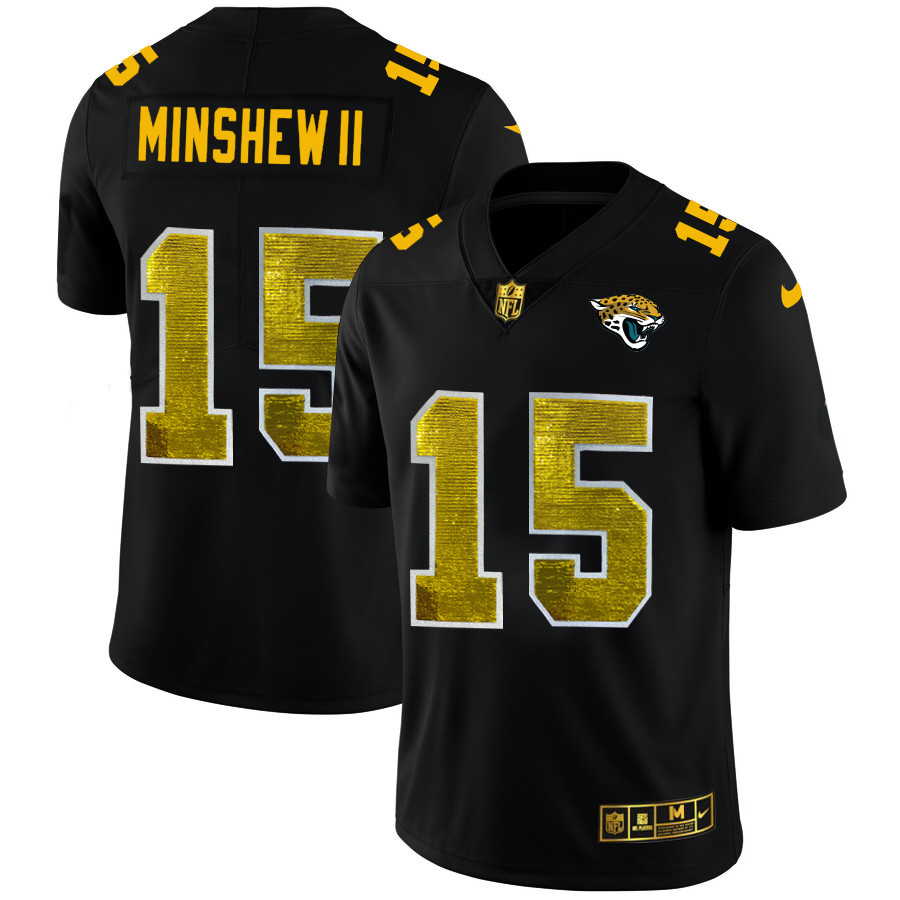 Personalized Jacksonville Jaguars #15 Gardner Minshew II Men’s Black Golden Sequin Limited NFL Jersey