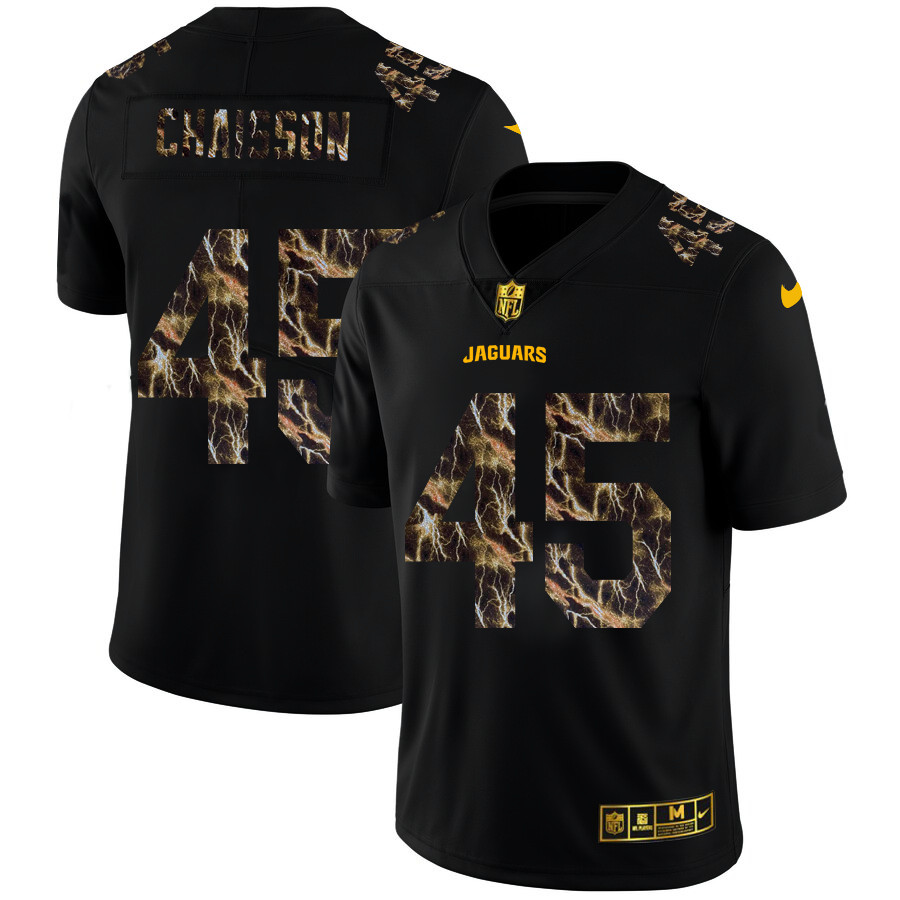 Personalized Jacksonville Jaguars #45 K’Lavon Chaisson Men’s Black Flocked Lightning Limited NFL Jersey