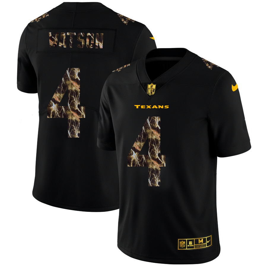 Personalized Houston Texans #4 Deshaun Watson Men’s Black Flocked Lightning Limited NFL Jersey