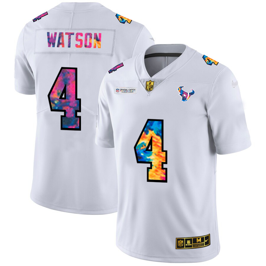 Personalized Houston Texans #4 Deshaun Watson Men’s White Multi-Color 2020 NFL Crucial Catch Limited NFL Jersey